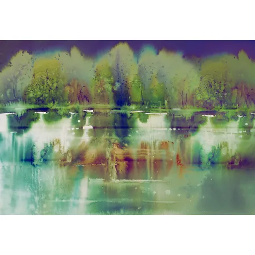 Abstract forest landscape with water reflection in watercolor style
