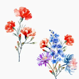Red and blue watercolor flowers with green stems on white background