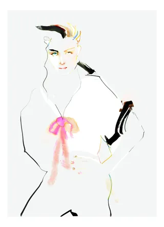 Minimalist fashion illustration of a woman wearing a pink bow by Marta Spendowska