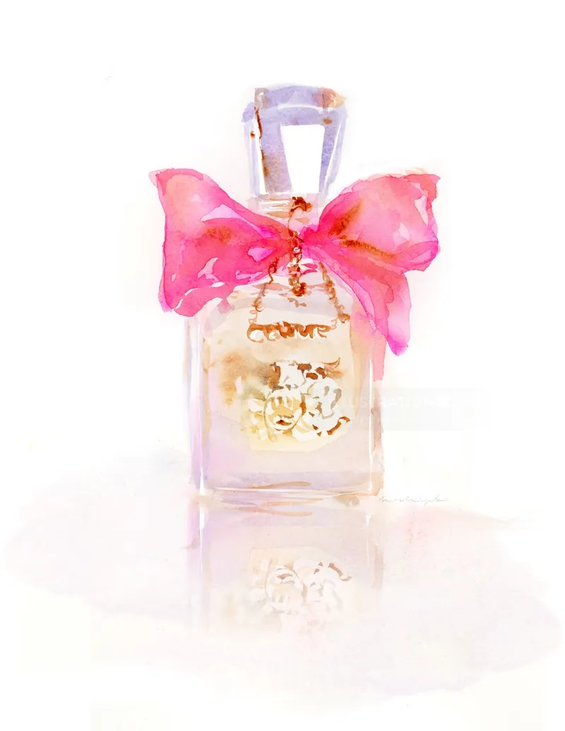 Glass perfume bottle with pink bow by Marta Spendowska