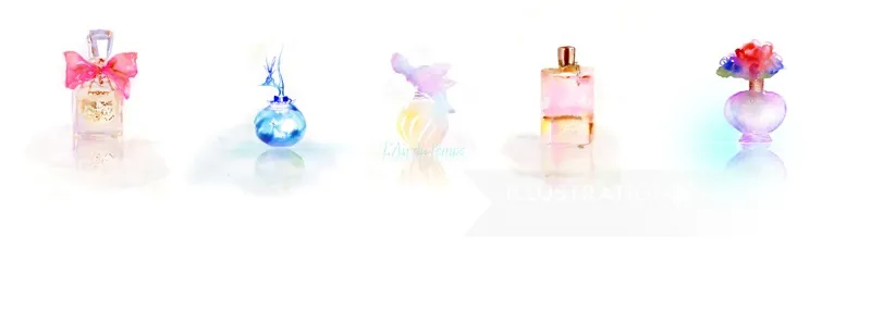 Five colorful decorative perfume bottles with bows and flowers by Marta Spendowska