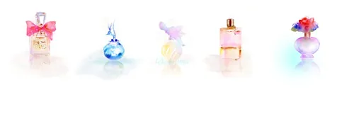 Five colorful decorative perfume bottles with bows and flowers by Marta Spendowska