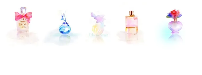 Five colorful decorative perfume bottles with bows and flowers by Marta Spendowska