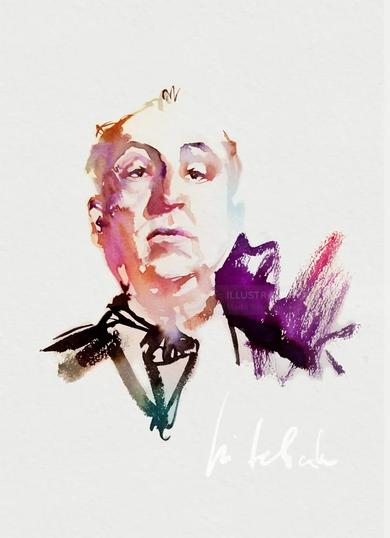 Watercolor portrait of Alfred Hitchcock by Marta Spendowska