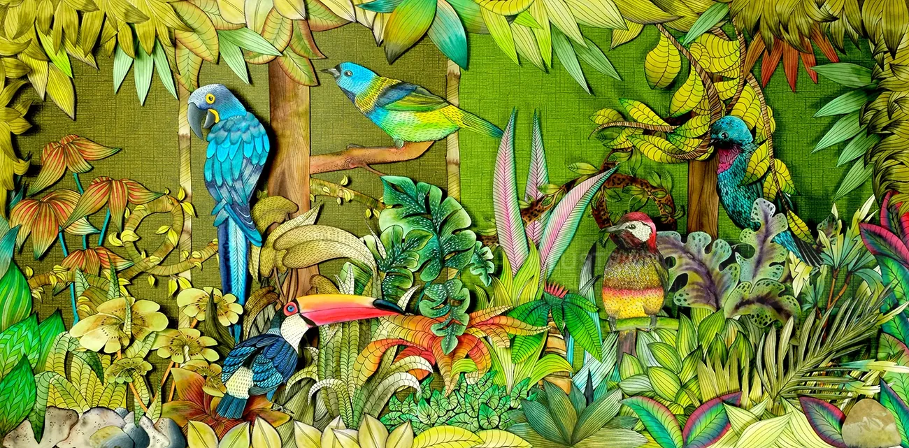 Colorful tropical birds in dense foliage by Martha von Maydell