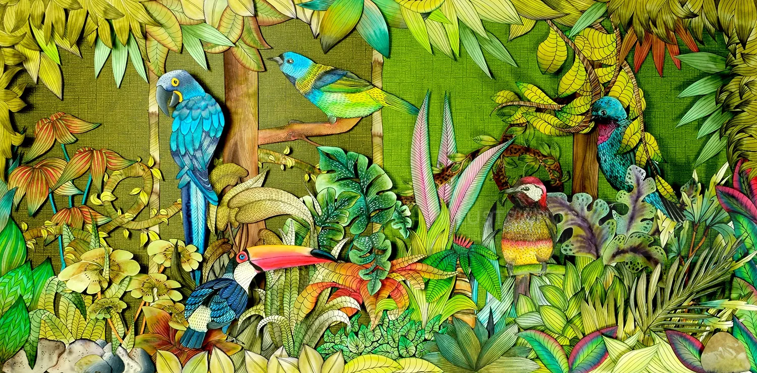 Colorful tropical birds in dense foliage by Martha von Maydell
