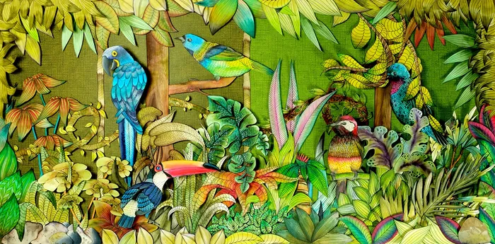 Colorful tropical birds in dense foliage by Martha von Maydell