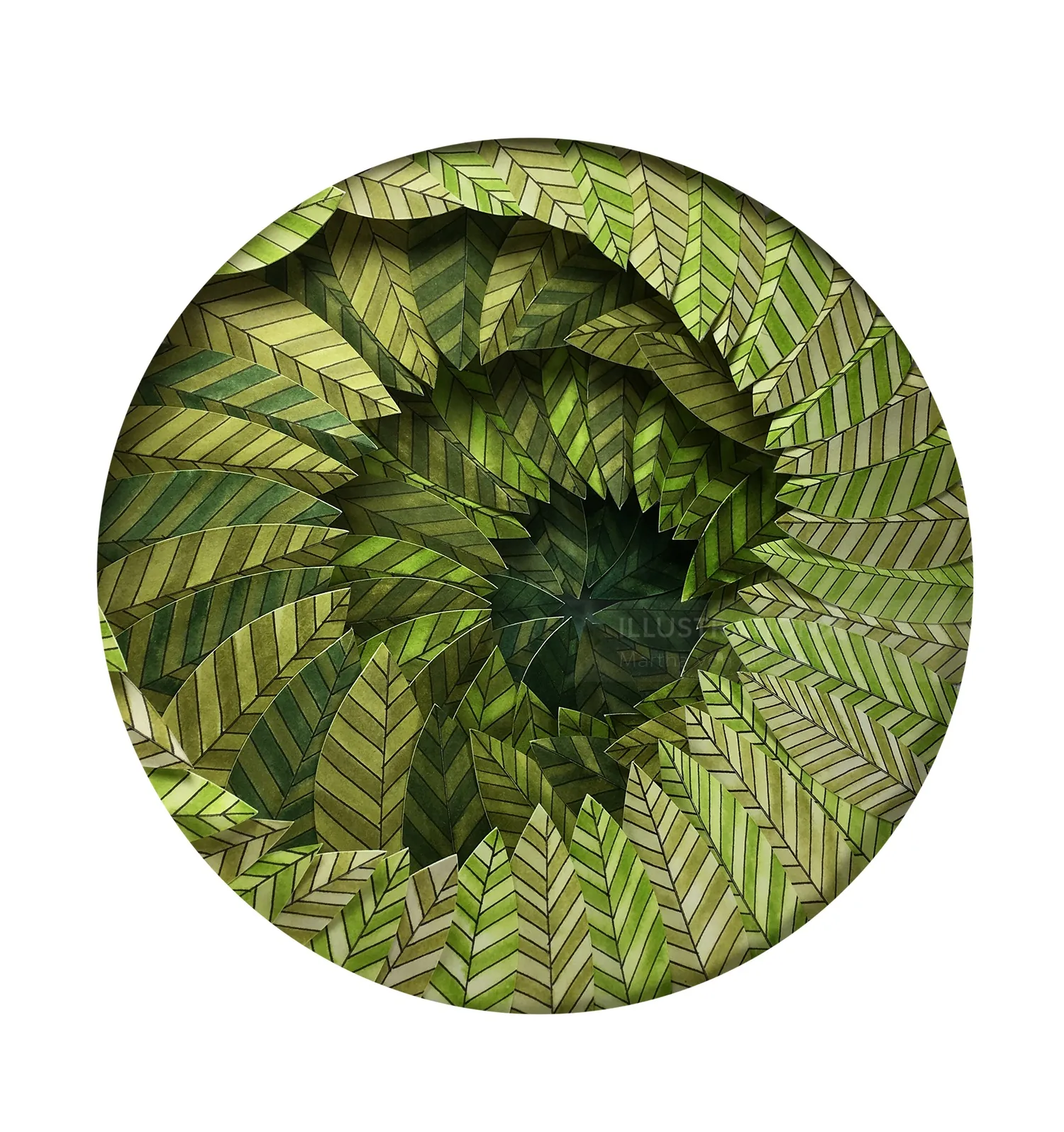 Abstract green leaf spiral pattern artwork by Martha von Maydell