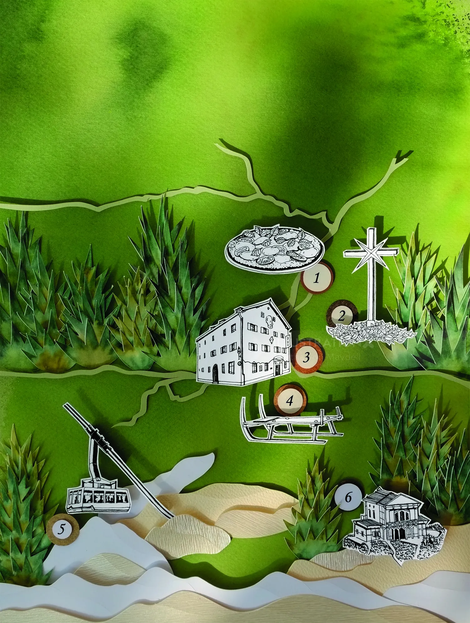 Illustrated landscape with buildings and cross by Martha von Maydell