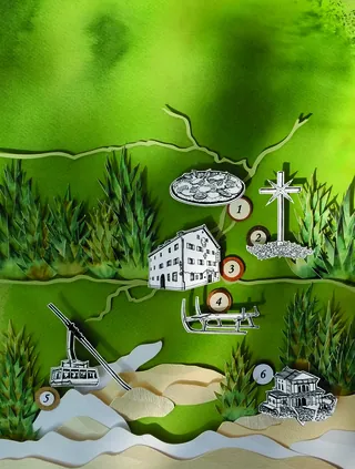 Illustrated landscape with buildings and cross by Martha von Maydell