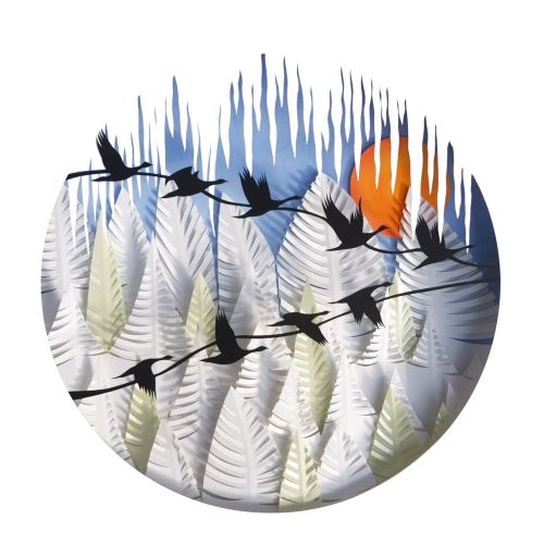 Silhouetted birds flying over forest with orange sunset by Martha von Maydell