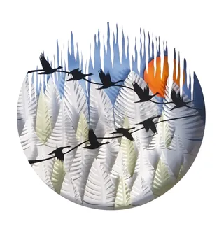 Silhouetted birds flying over forest with orange sunset by Martha von Maydell