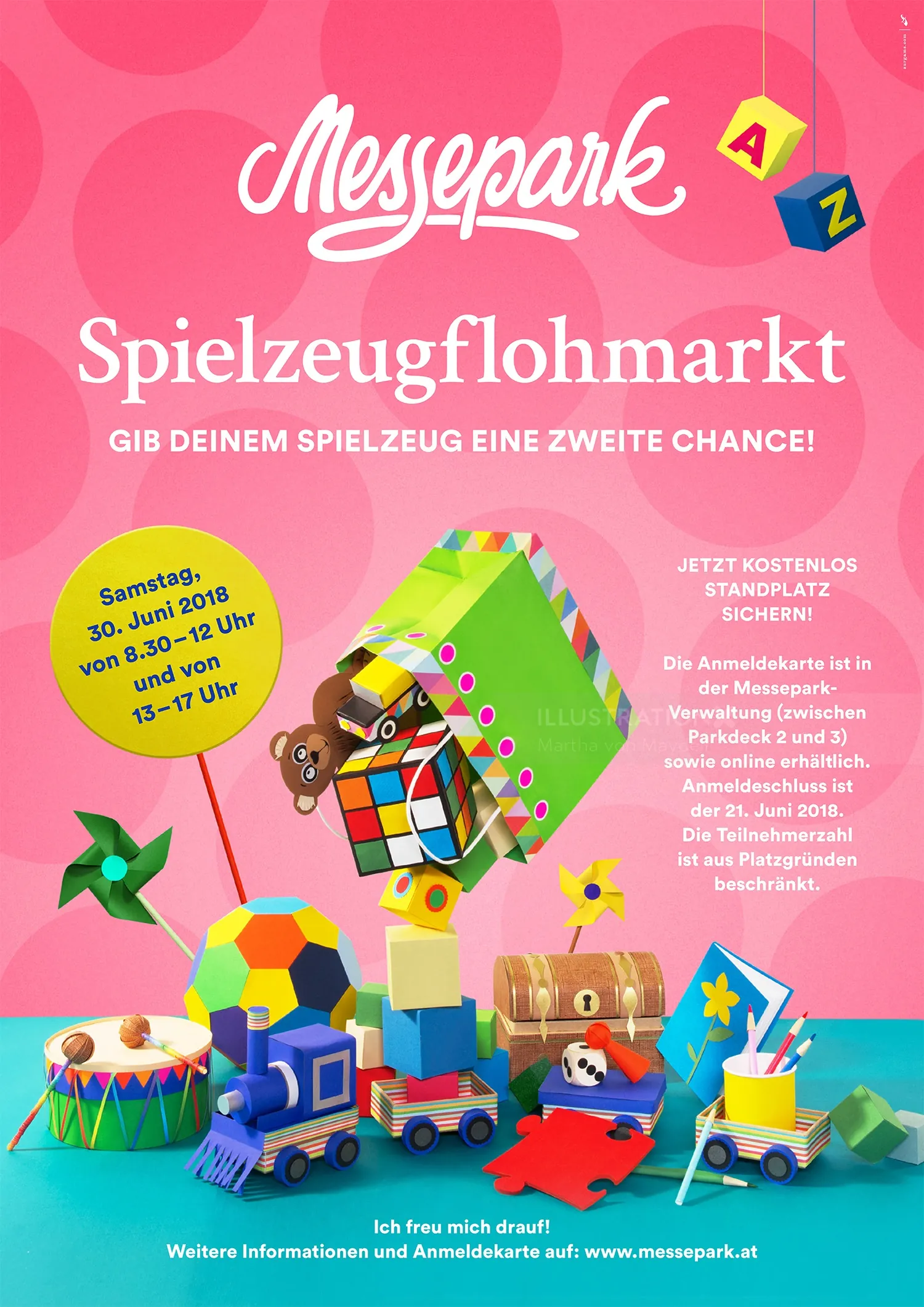 Messepark Spielzeugflohmarkt poster with colorful toys and event details by Martha von Maydell