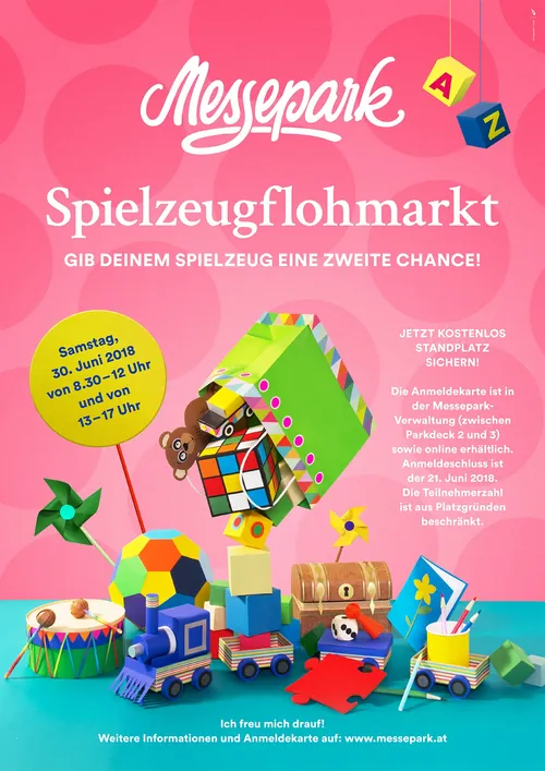 Messepark Spielzeugflohmarkt poster with colorful toys and event details by Martha von Maydell