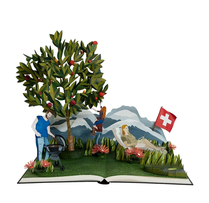 Pop-up book showing Swiss Alps, tree, people, bear, and Swiss flag by Martha von Maydell