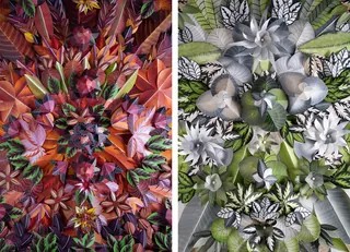 Two intricate paper flower arrangements, colorful and monochrome, by Martha von Maydell