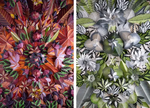 Two intricate paper flower arrangements, colorful and monochrome, by Martha von Maydell