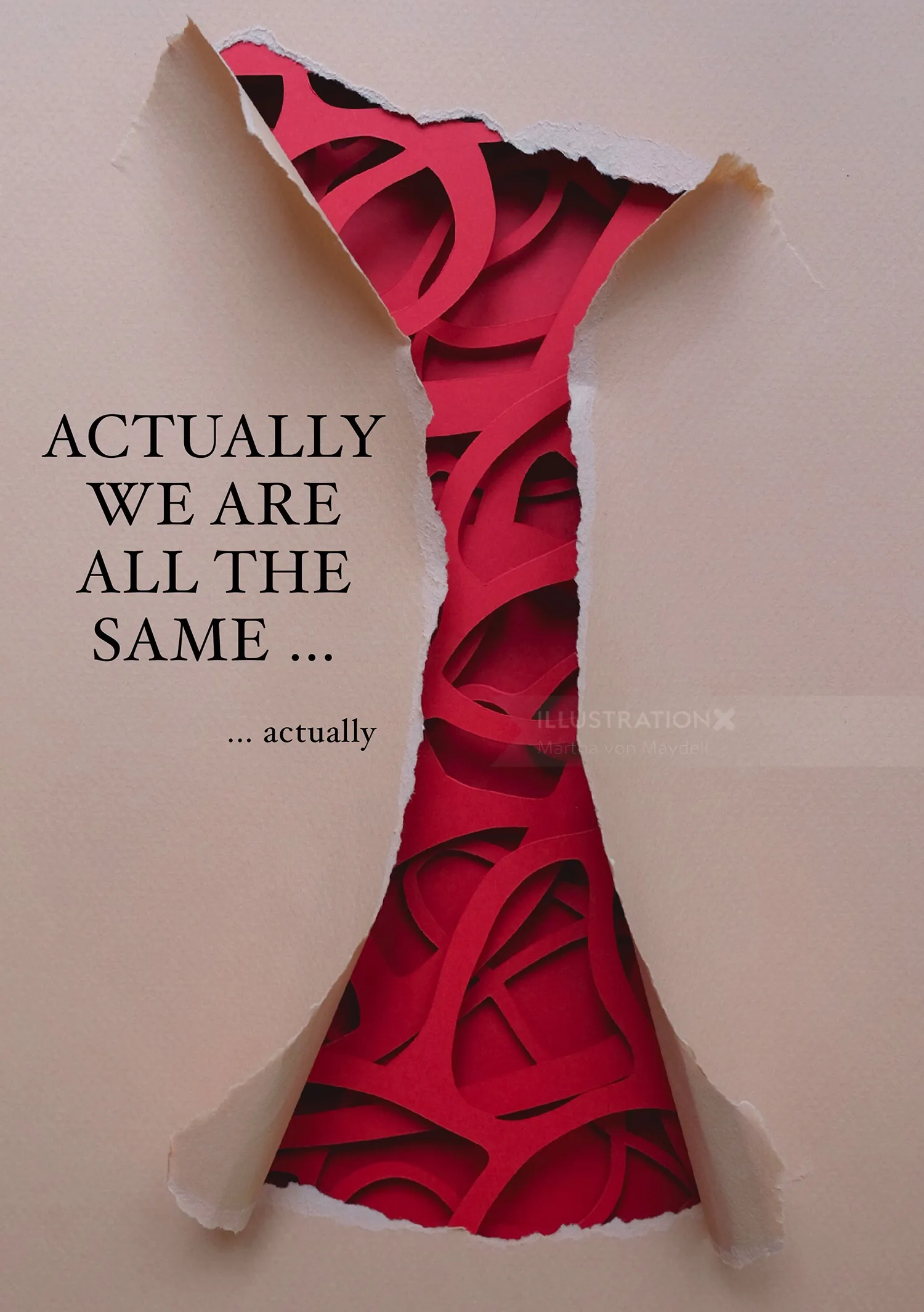 Torn paper revealing red hearts with text, artwork by Martha von Maydell