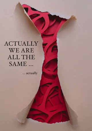 Torn paper revealing red hearts with text, artwork by Martha von Maydell