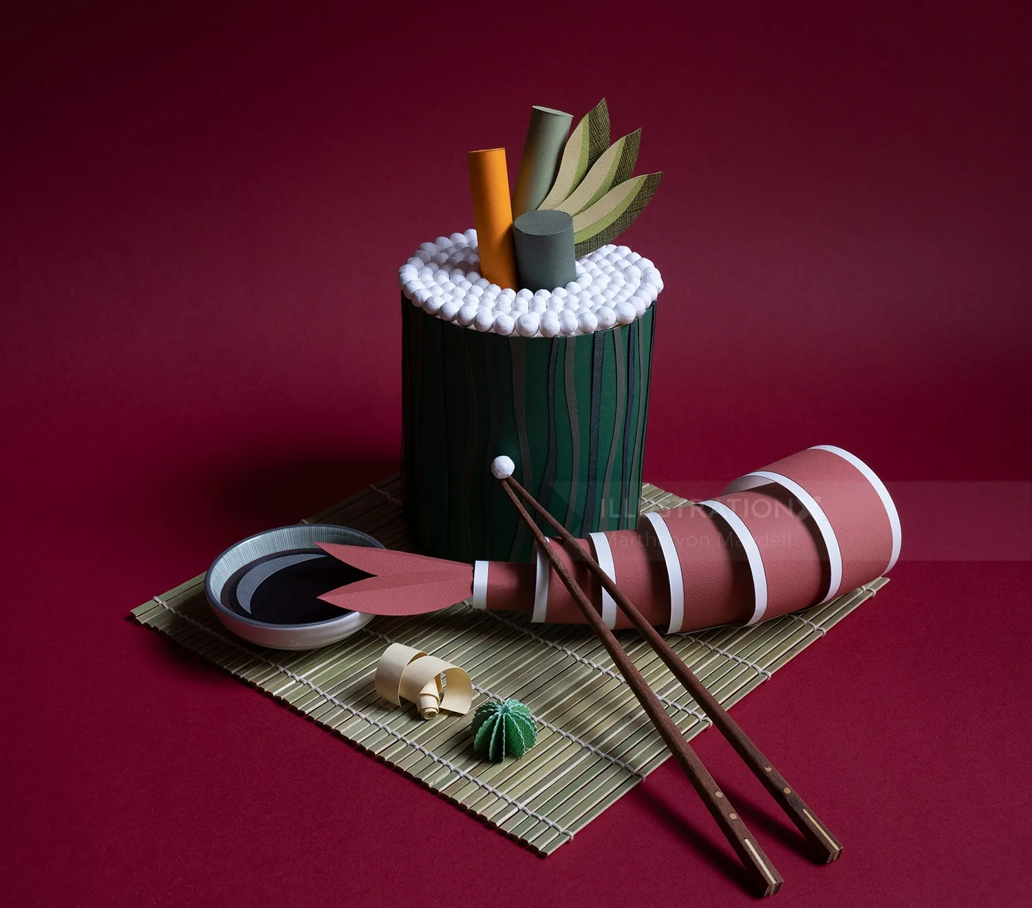 Paper sushi roll with chopsticks and plate in still life by Martha von Maydell