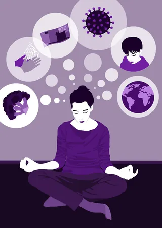 Meditating person surrounded by pandemic-related icons by Martha von Maydell