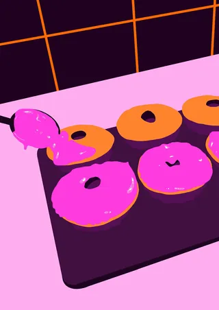 Pink frosted donuts on a tray with purple background by Martha von Maydell