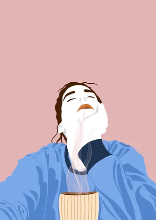 Woman in blue shirt relaxing with hot drink, artwork by Martha von Maydell