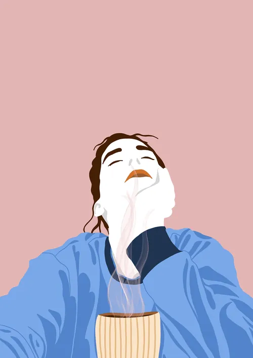 Woman in blue shirt relaxing with hot drink, artwork by Martha von Maydell
