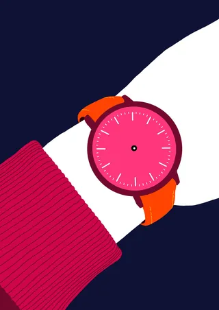 Minimalist illustration of a wrist with a pink watch and orange strap by Martha von Maydell