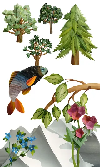 Illustration of trees, a fish, flowers, and mountains by Martha von Maydell