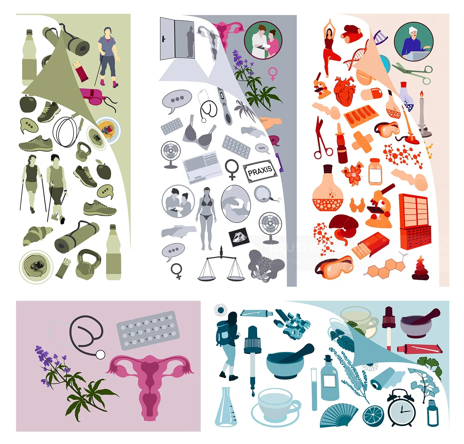 Illustration of five panels with icons on health, law, wellness, medicine by Martha von Maydell