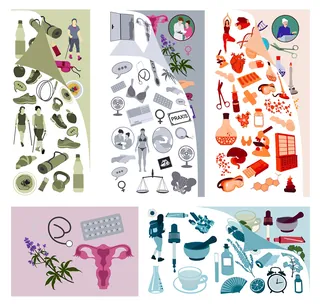 Illustration of five panels with icons on health, law, wellness, medicine by Martha von Maydell