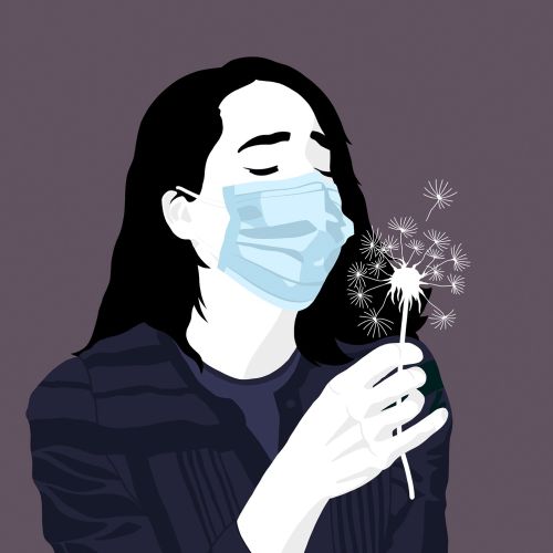 Person wearing face mask holding dandelion, illustration by Martha von Maydell