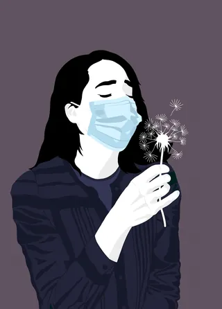 Person wearing face mask holding dandelion, illustration by Martha von Maydell