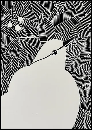 Minimalist bird illustration with black and white leaf pattern background by Martha von Maydell