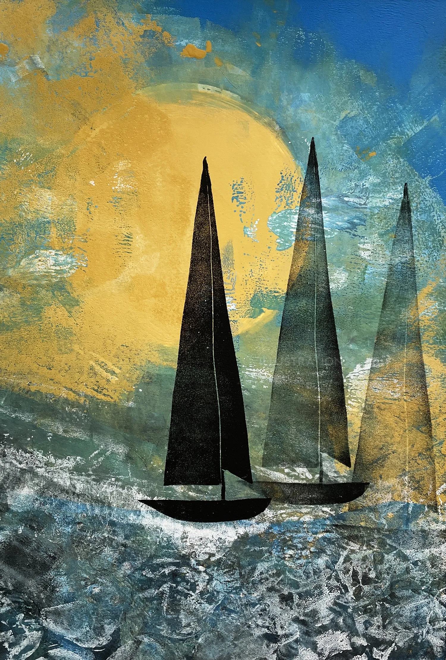 Abstract sailboats in rough sea with large yellow sun by Martha von Maydell