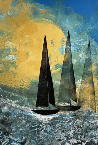 Abstract sailboats in rough sea with large yellow sun by Martha von Maydell