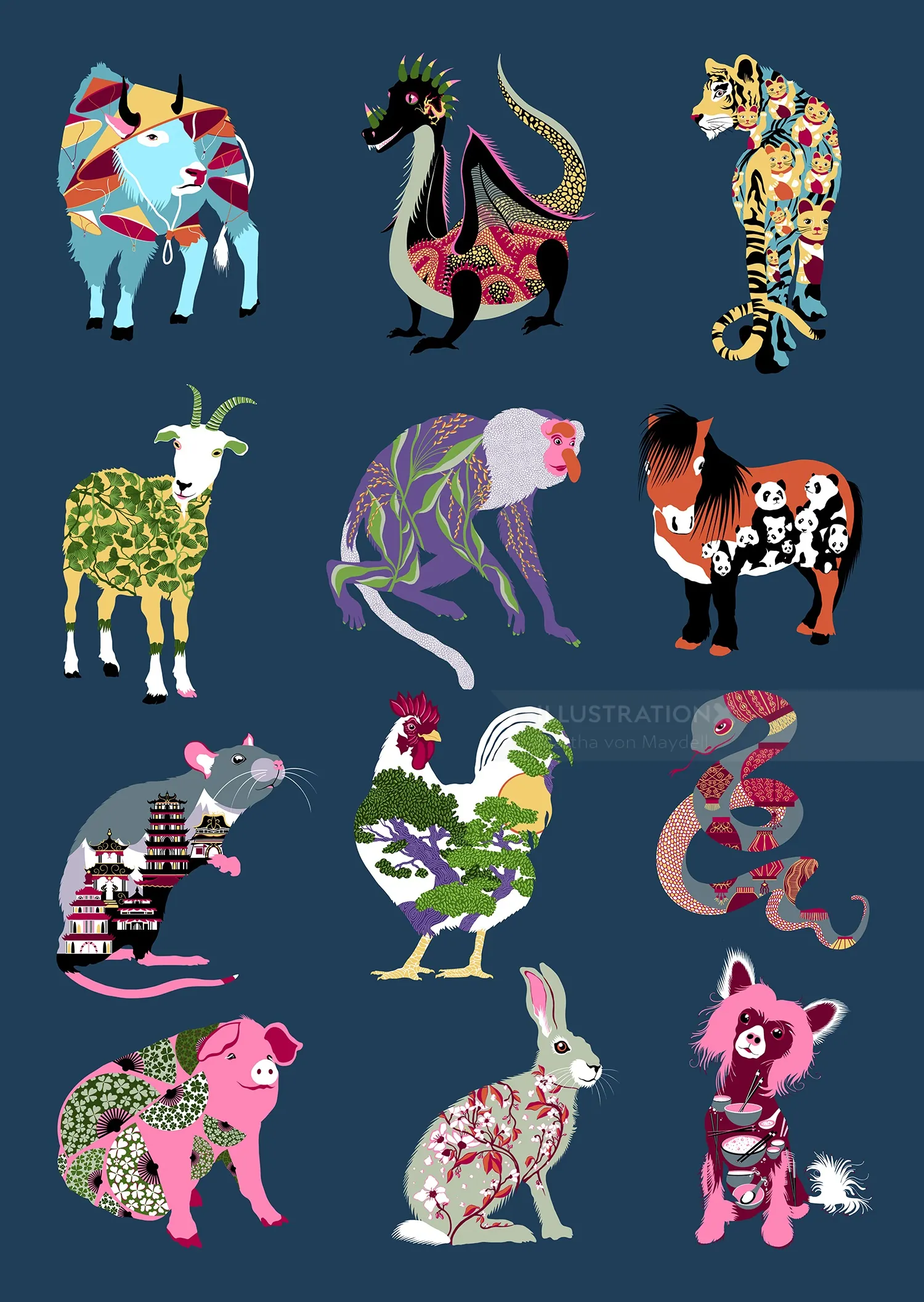 Twelve colorful patterned animal illustrations by Martha von Maydell
