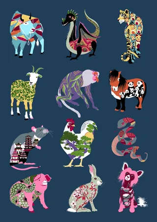 Twelve colorful patterned animal illustrations by Martha von Maydell