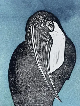 Abstract bird drawing in black and white on blue background by Martha von Maydell