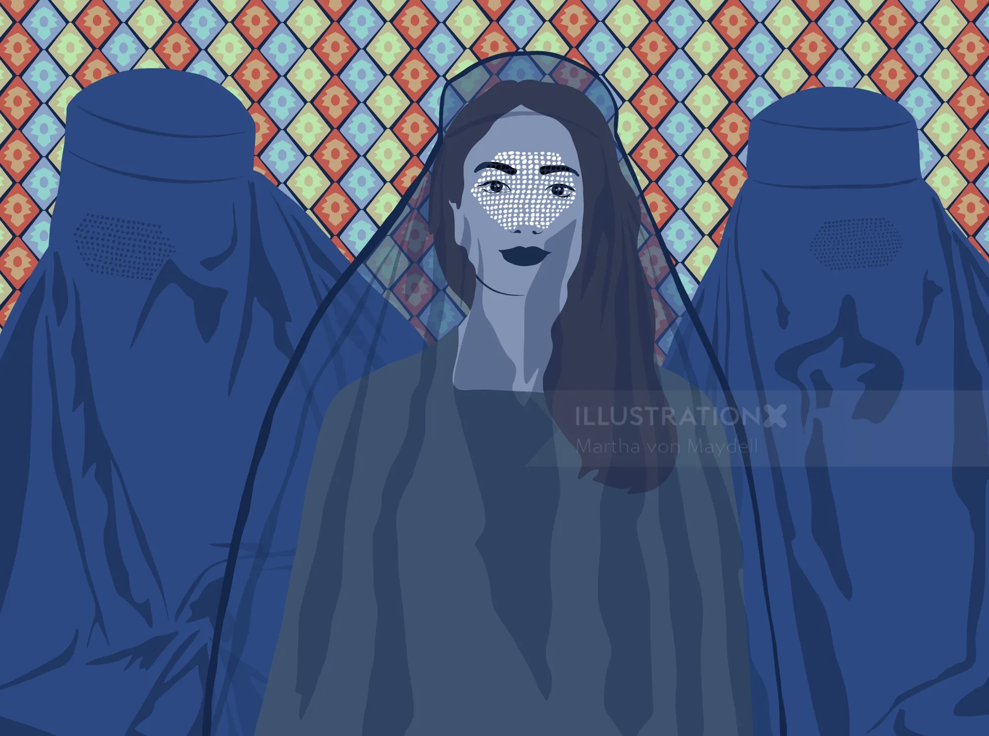 Illustration of women in traditional veils before a colorful patterned background by Martha von Mayd