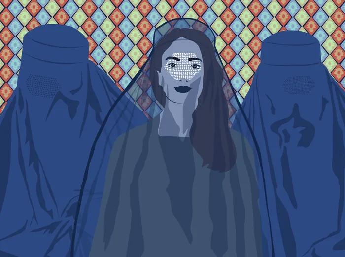 Illustration of women in traditional veils before a colorful patterned background by Martha von Mayd
