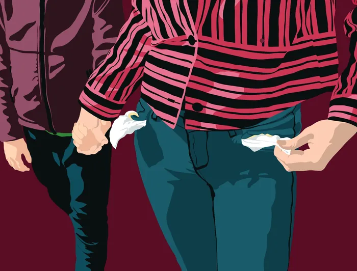 Two people holding tissues, one in a striped shirt, digital artwork by Martha von Maydell