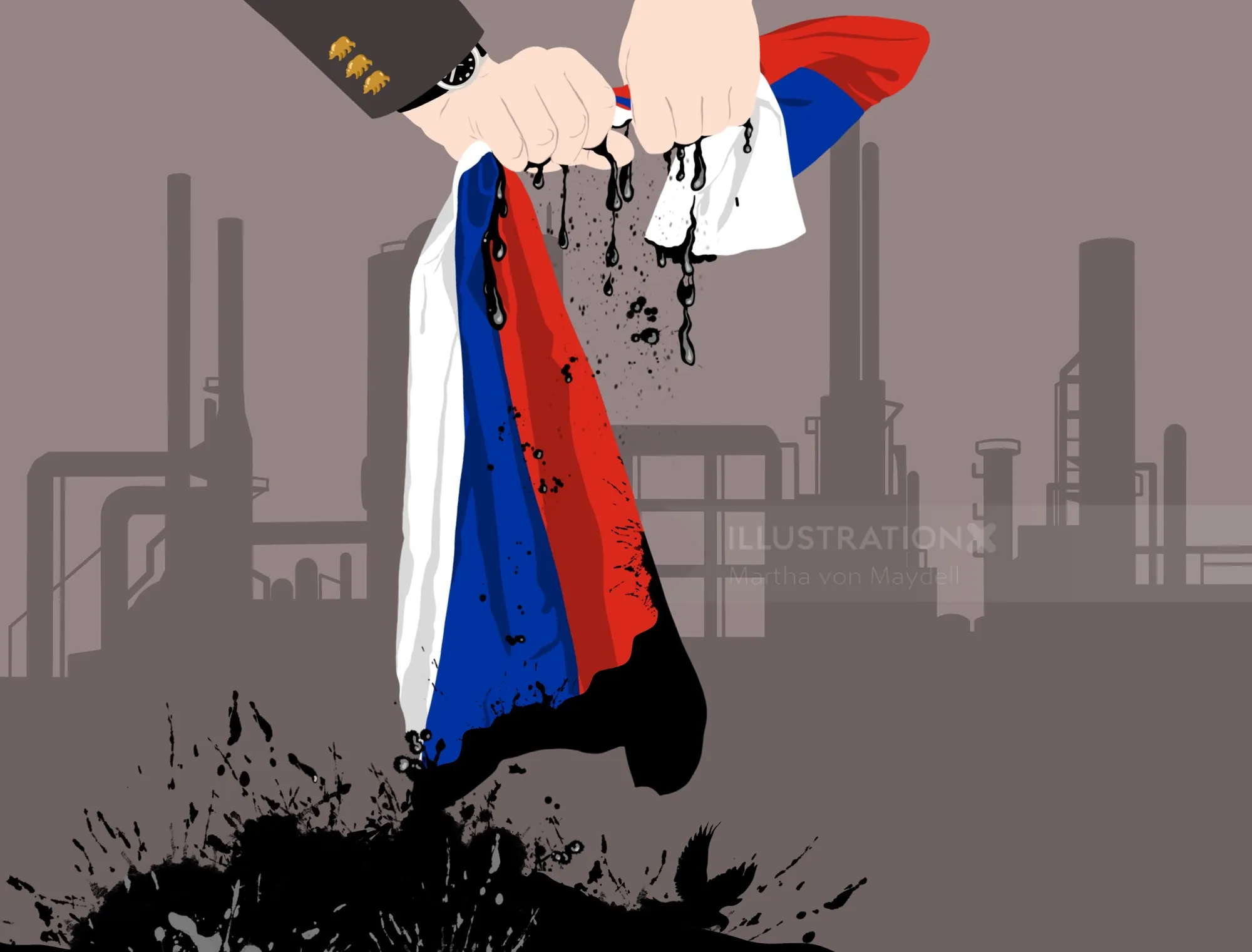 Hands squeezing Russian flag dripping oil, illustration by Martha von Maydell