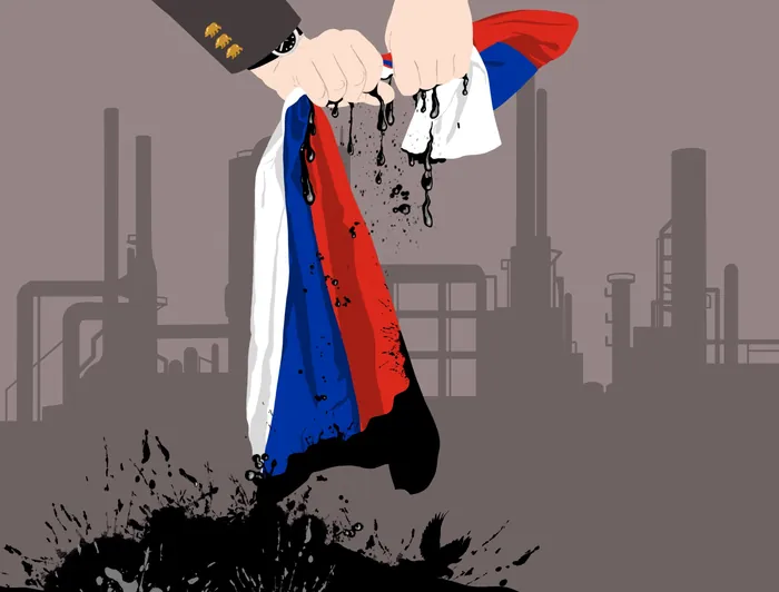 Hands squeezing Russian flag dripping oil, illustration by Martha von Maydell