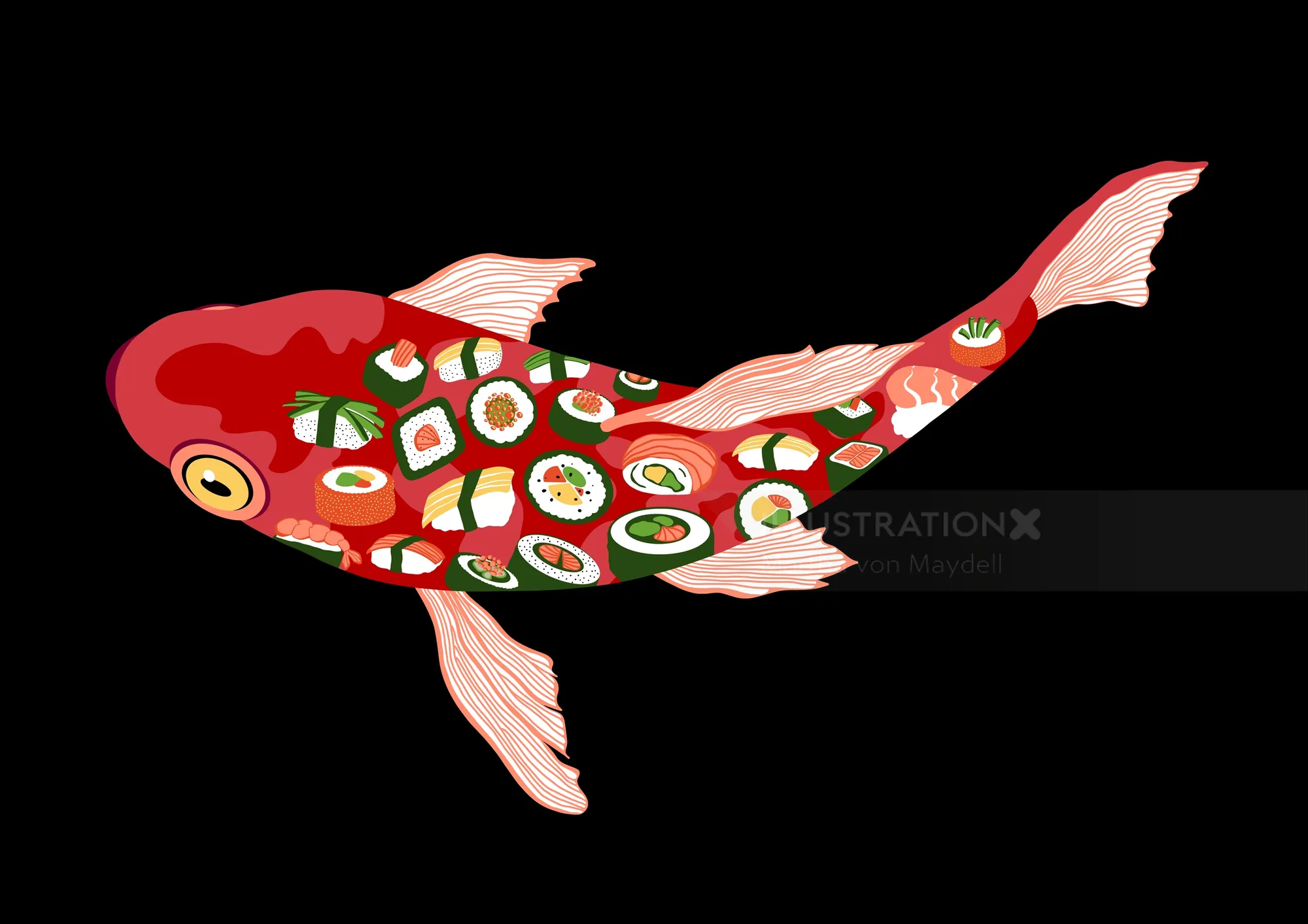 Koi fish with sushi pieces on its body by Martha von Maydell