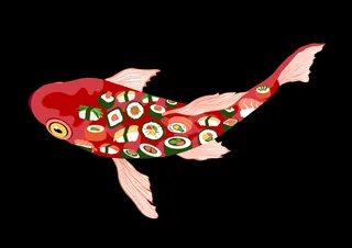 Koi fish with sushi pieces on its body by Martha von Maydell