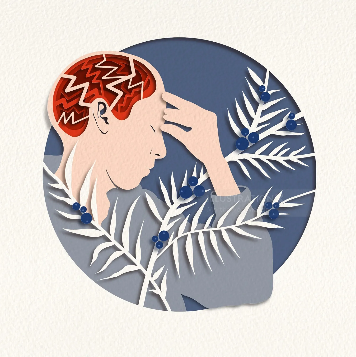 Abstract portrait of person with red hair and blue berries by Martha von Maydell