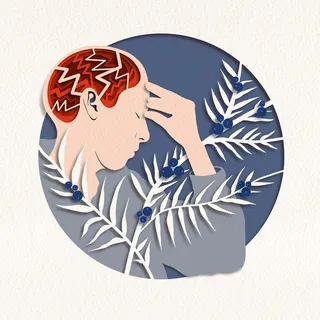 Abstract portrait of person with red hair and blue berries by Martha von Maydell