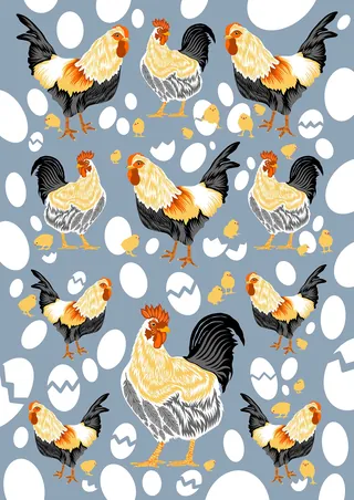 Pattern of roosters and eggs artwork by Martha von Maydell